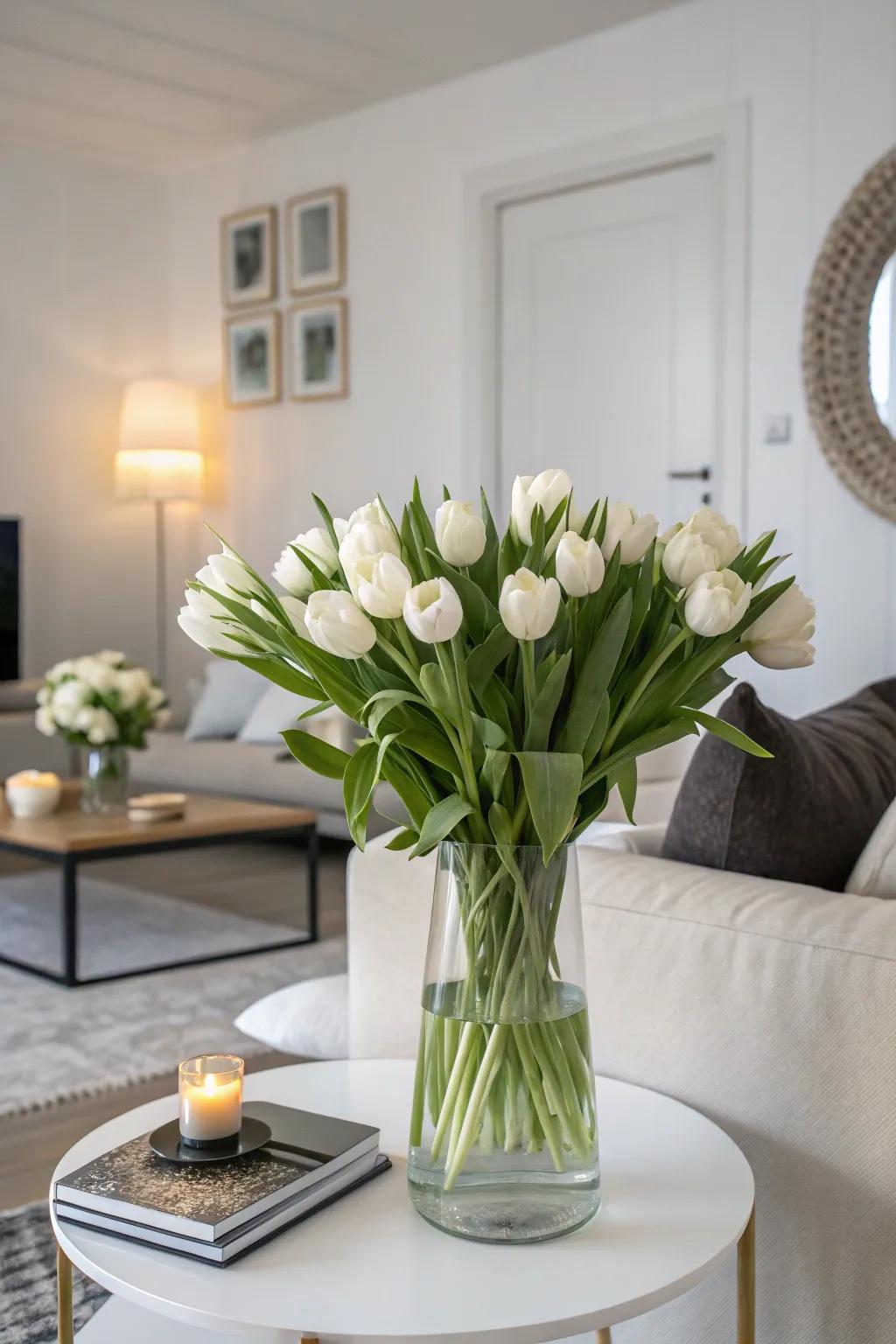 Ivory tulips crafting a serene mood in a modern sanctuary.