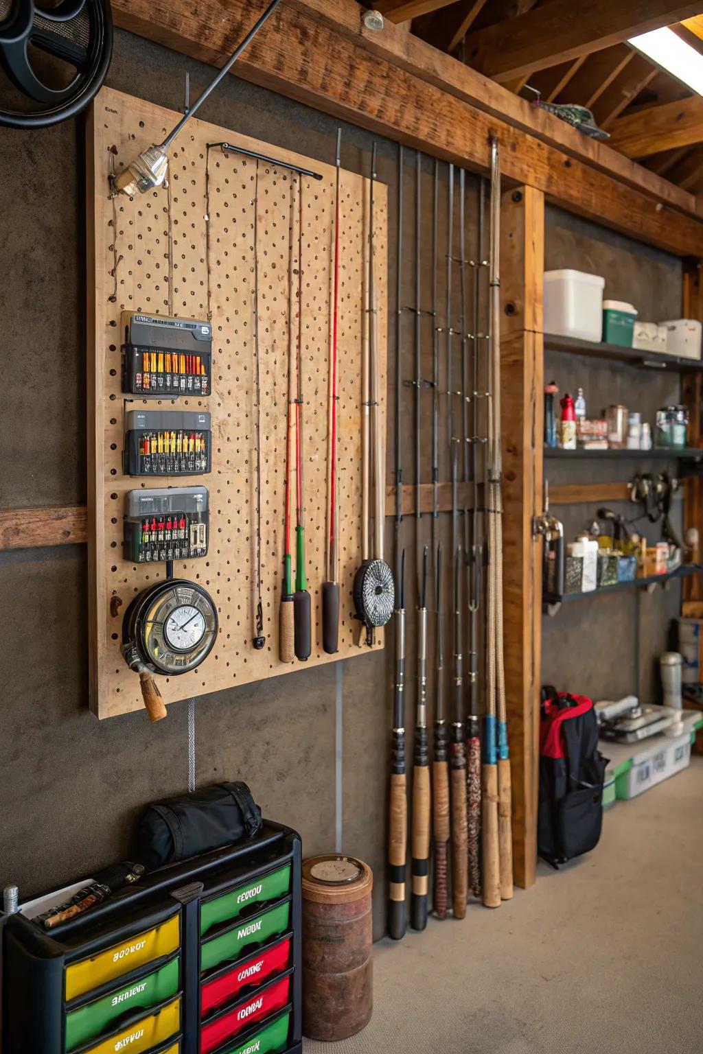 Pegboard arrangement for adaptable gear storage.