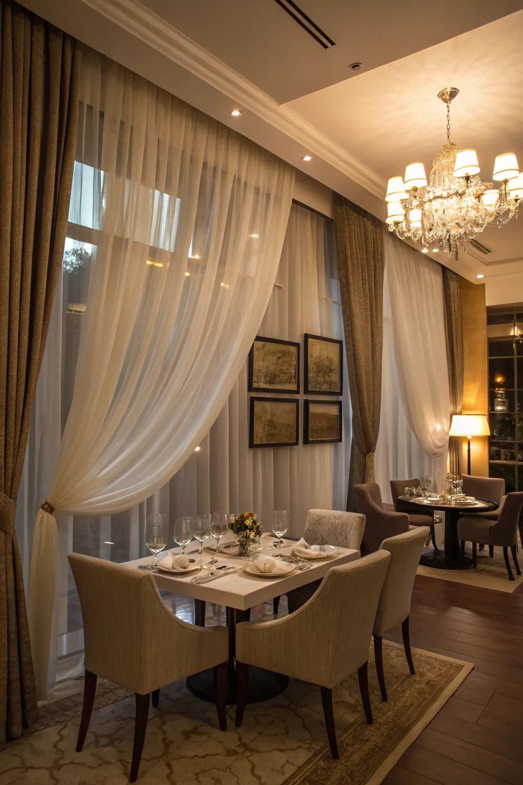 Layering sheer and substantial curtains infuses depth and refinement into this dining space.