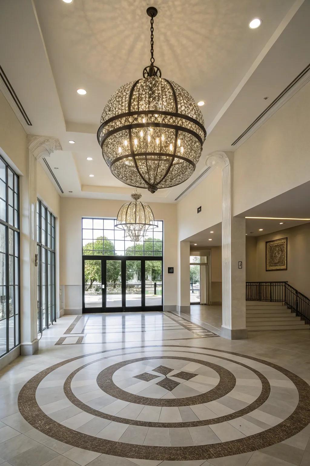 A streamlined spherical luminaire introduces contemporary style into this airy foyer.