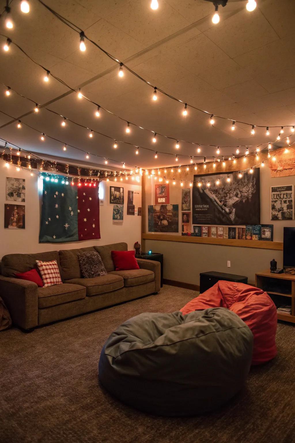 Twinkle lights bring a snug feel to your frat room.