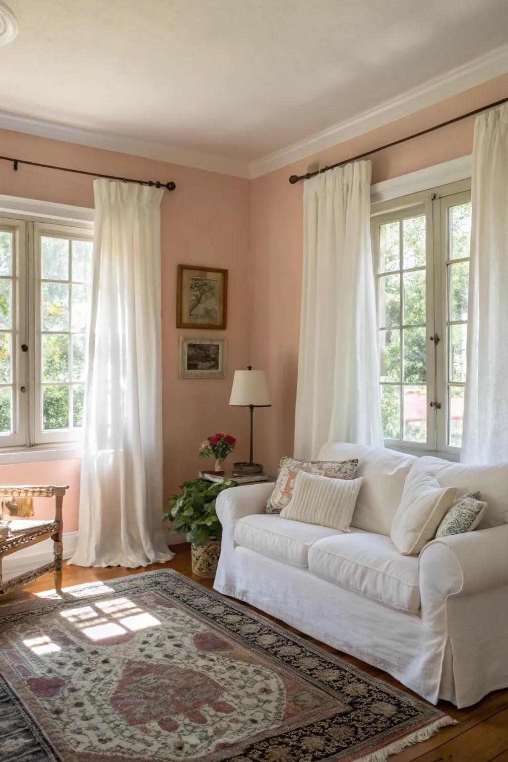 A tranquil living space featuring gentle pastel tones and an inviting white sofa.
