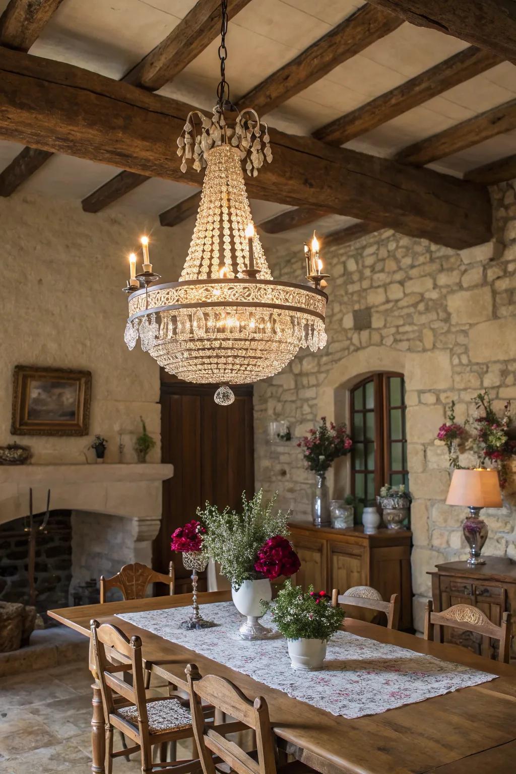 A faceted glass overhead light introduces elegance and warmth to the dining space.