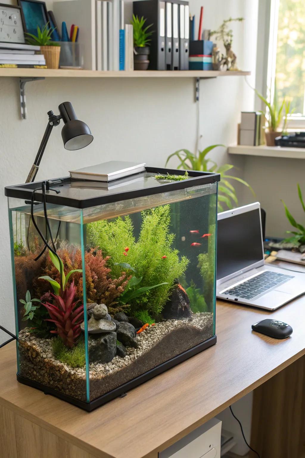 A variety of aquatic plants brings color and life to a freshwater tank.