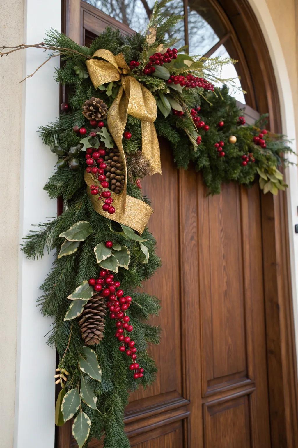 Crimson and gold details introduce a celebratory accent to your front door garland.