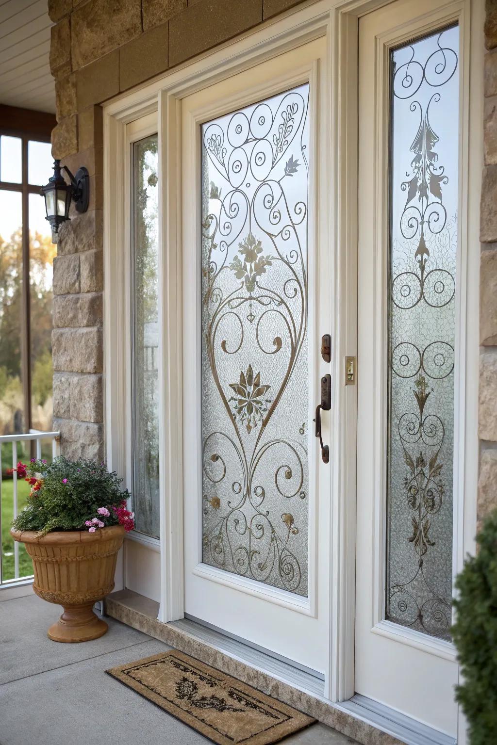 A front door that has a creative window shield on it for extra privacy.