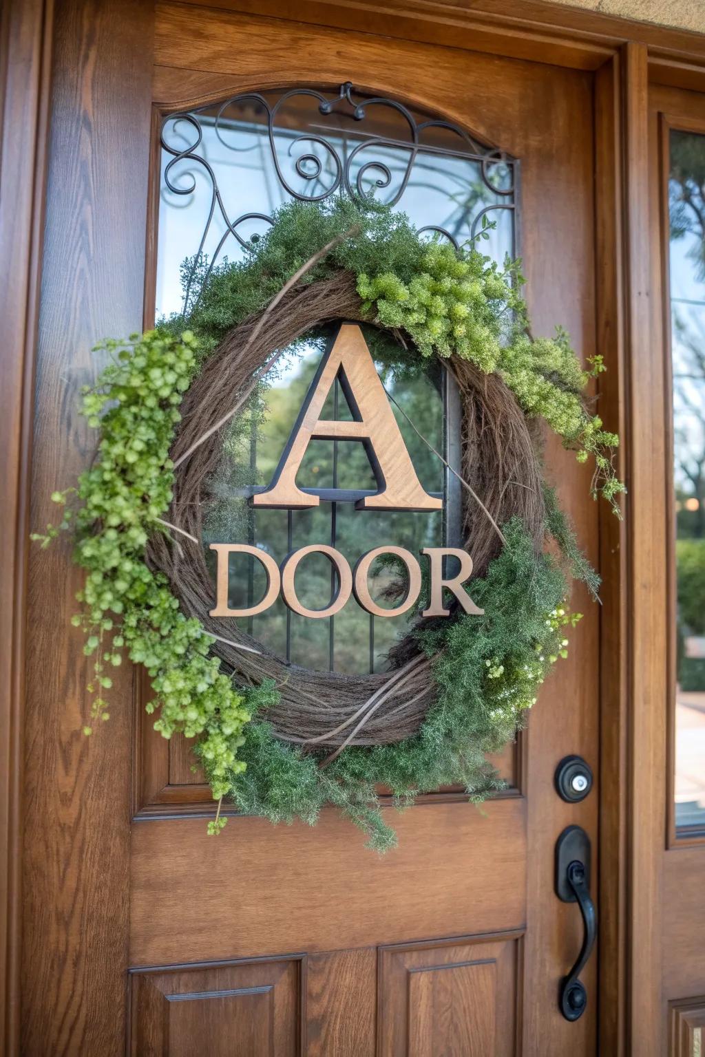 A personalized initial wreath, a heartfelt welcome etched into the entrance.