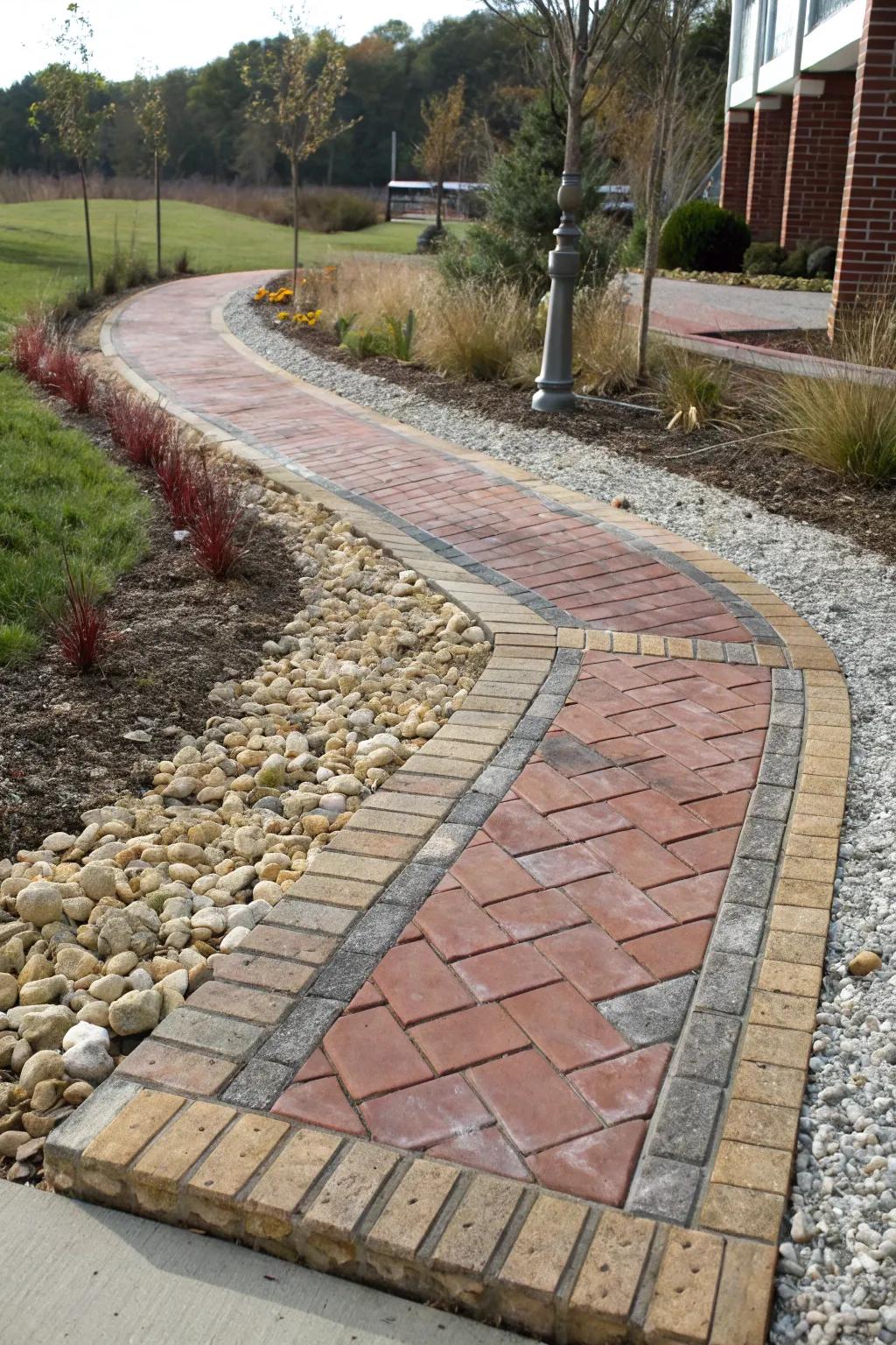 A textured walkway uniting clay and pebbles for a distinctive appearance.