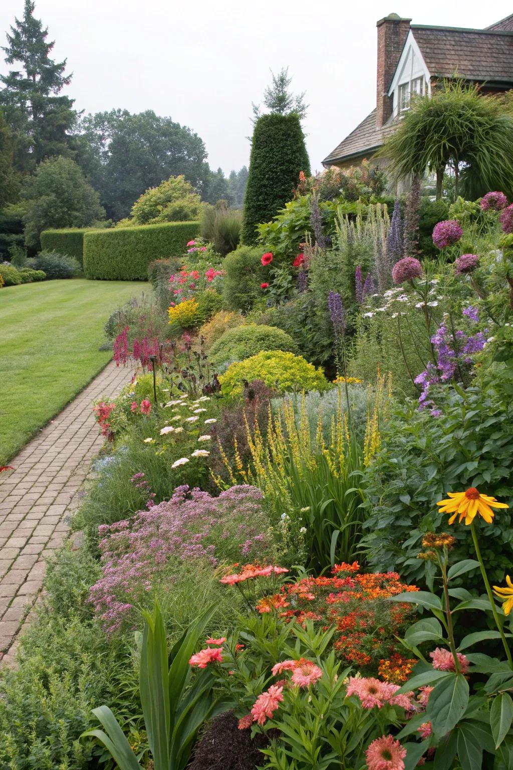 The diverse mix of bushes and blooms brings vitality and color to any garden.