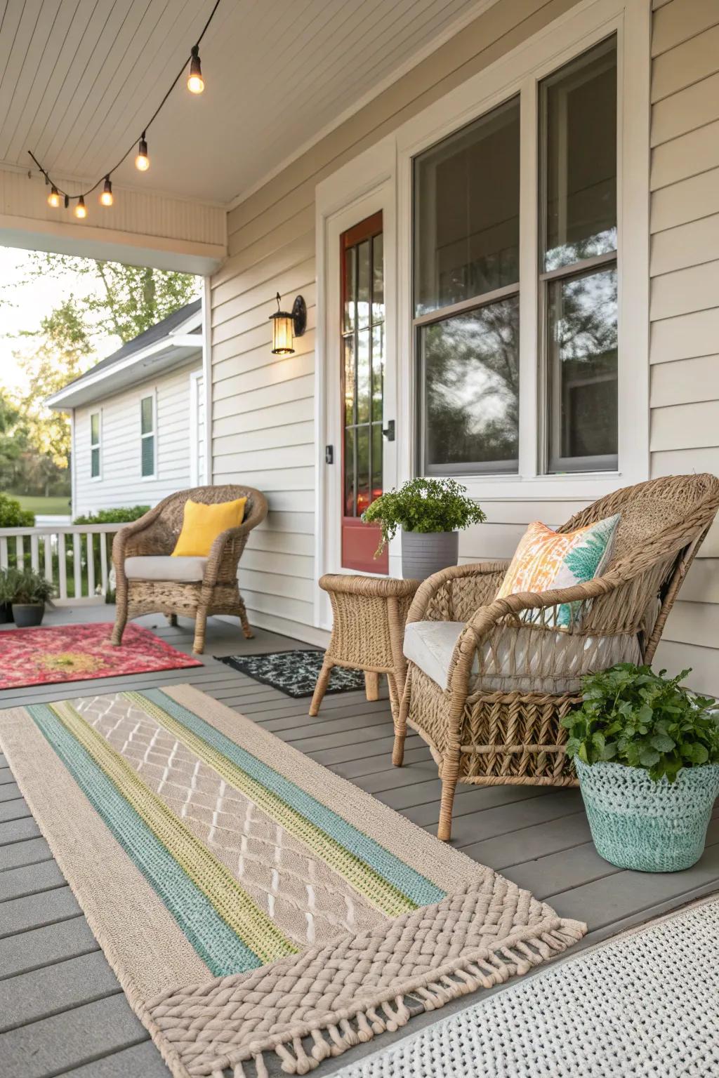 Layered floor coverings craft an inviting, textured ambiance.