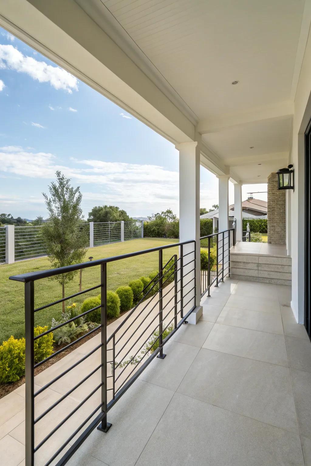 A modern porch featuring streamlined metal railings for a contemporary feel.