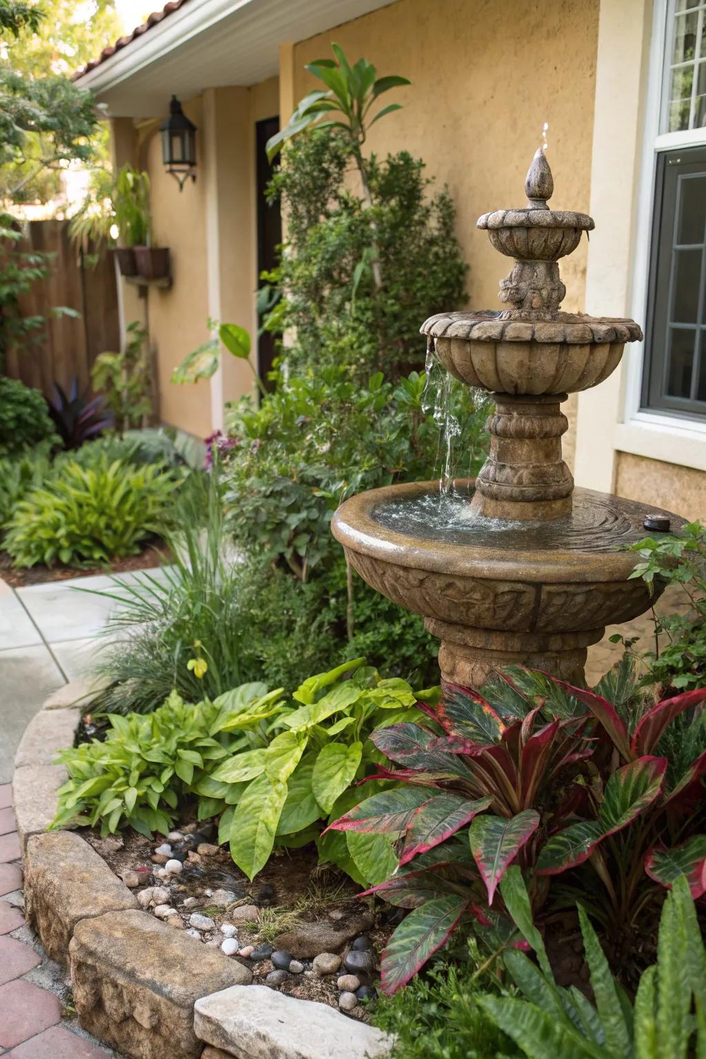 An enchanting water feature enlivening a front yard nook.