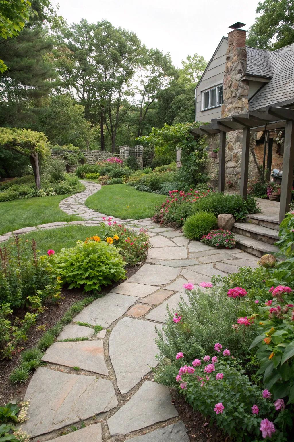 Alluring flagstone walkways guide guests across an abundant courtyard.