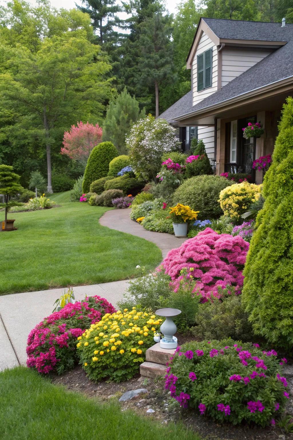 The contrast between seasonal flowers and evergreens is breathtaking.