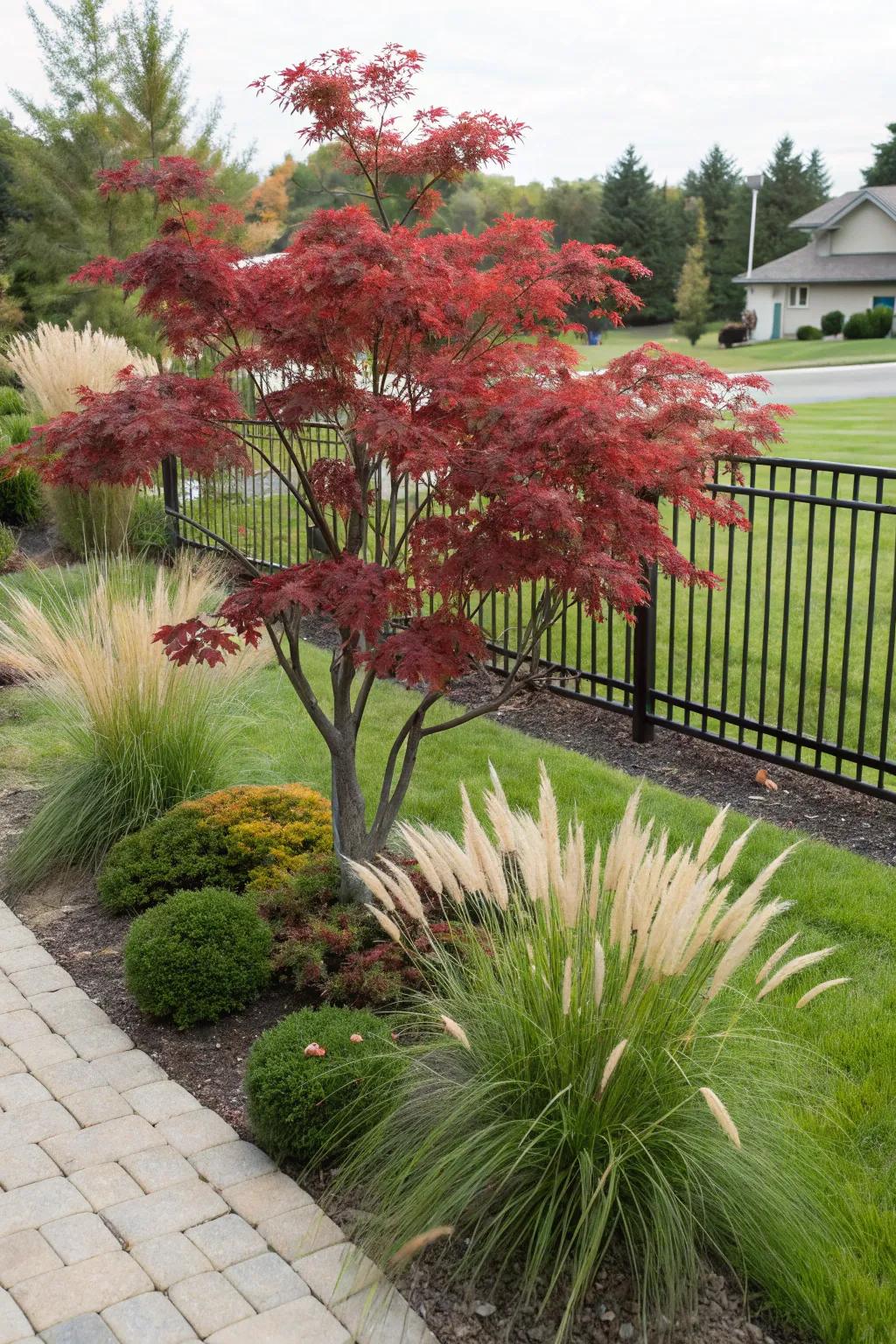 Decorative foliage enhances the structural form of the Japanese maple, boosting the yard's innate charm.