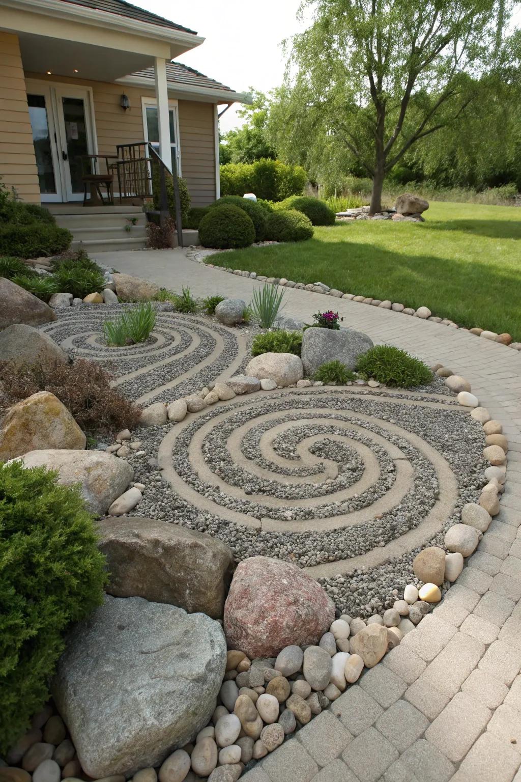 A front garden rock design showcasing a spiral decorative stone layout.