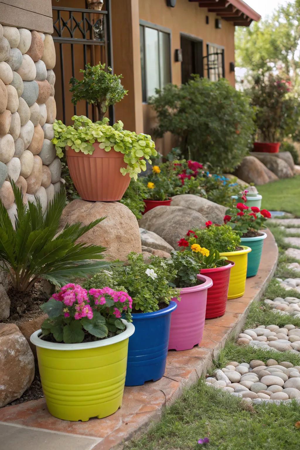 Vibrant potted flora brings vitality to a stone-based garden.