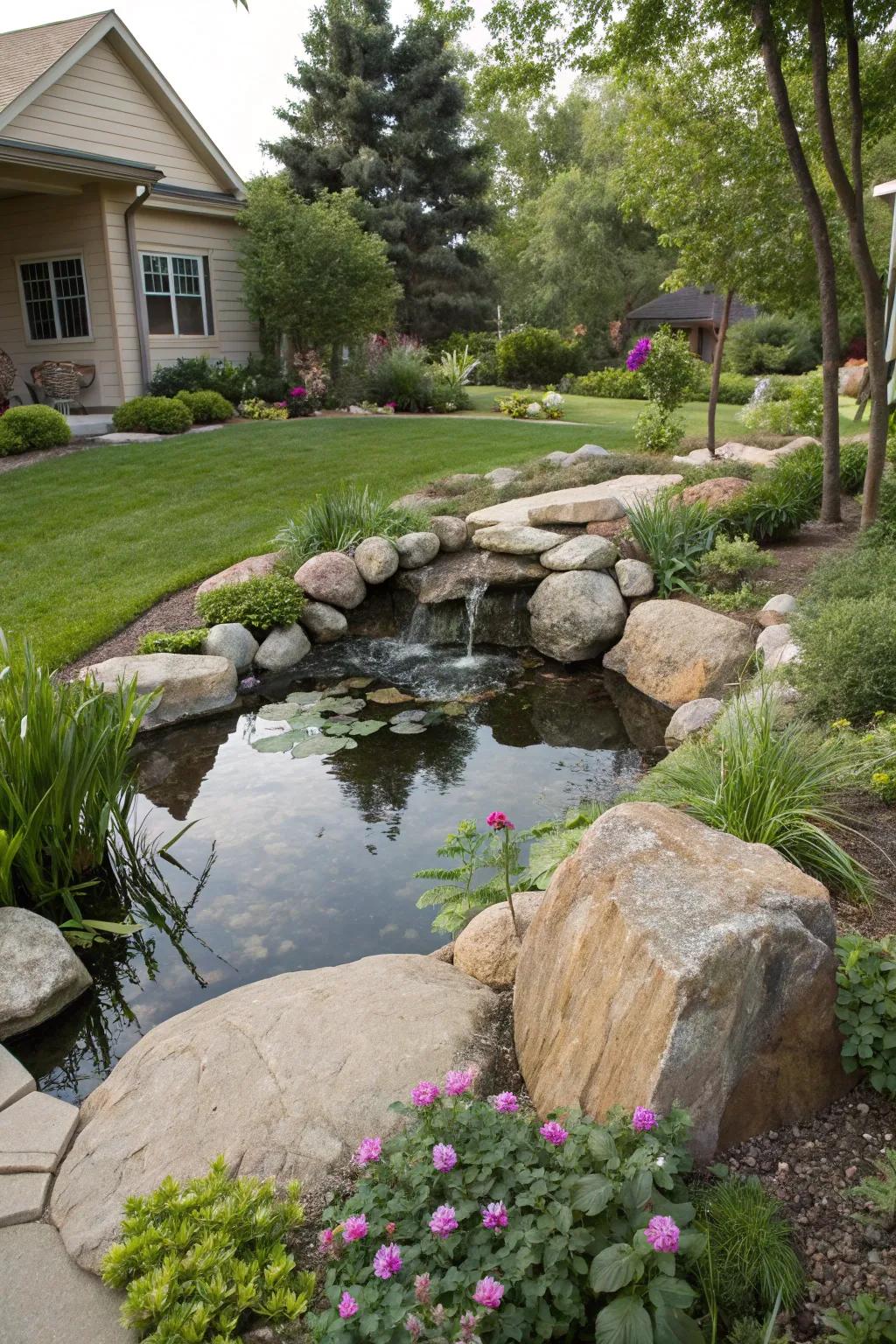 Improve your landscape by adding a serene water feature enhanced with large stones.