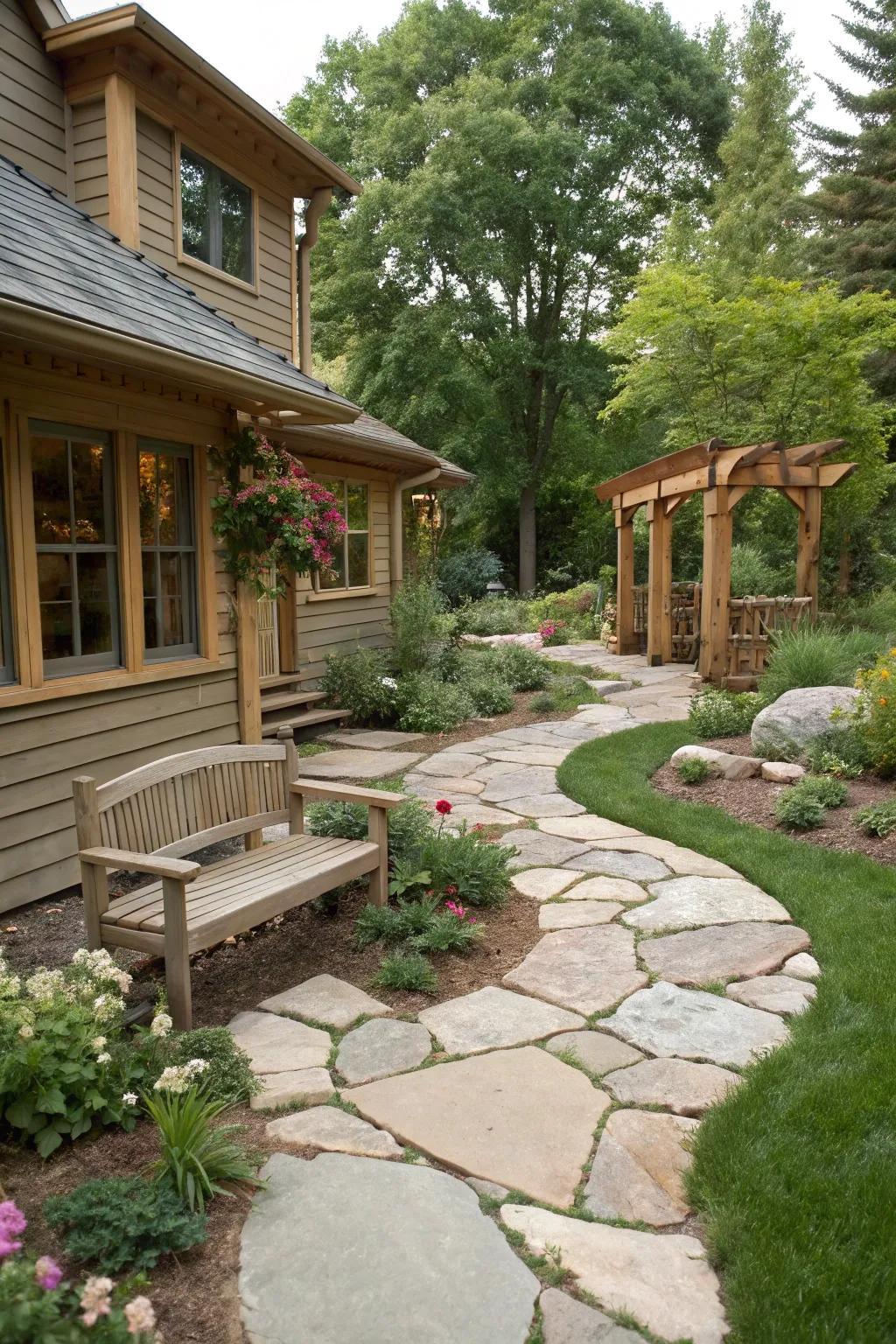 Natural stone pathways accentuating the ranch home's curb appeal