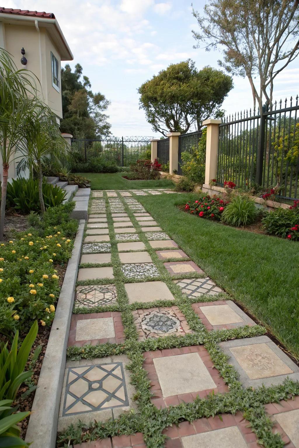 Patterned pavers inject personality and depth into a front yard walkway.
