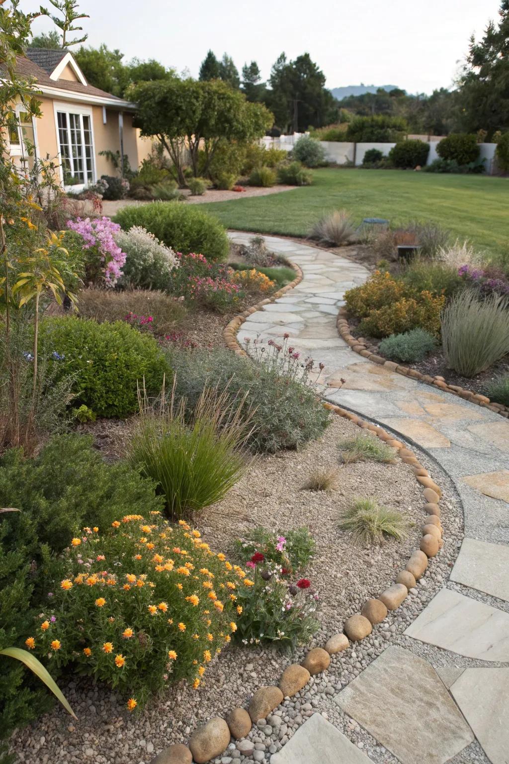 Pathways crafted from gravel and stone bestow structure and sophisticated charm to a xeriscape garden setting.