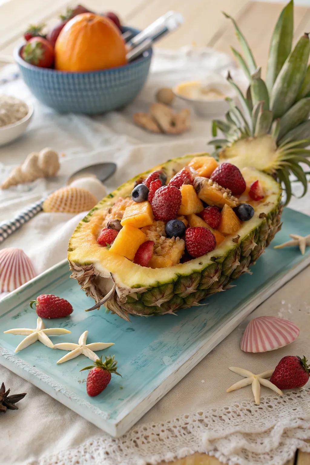 An exotic fruit vessel makes for a tropical and captivating medley presentation.