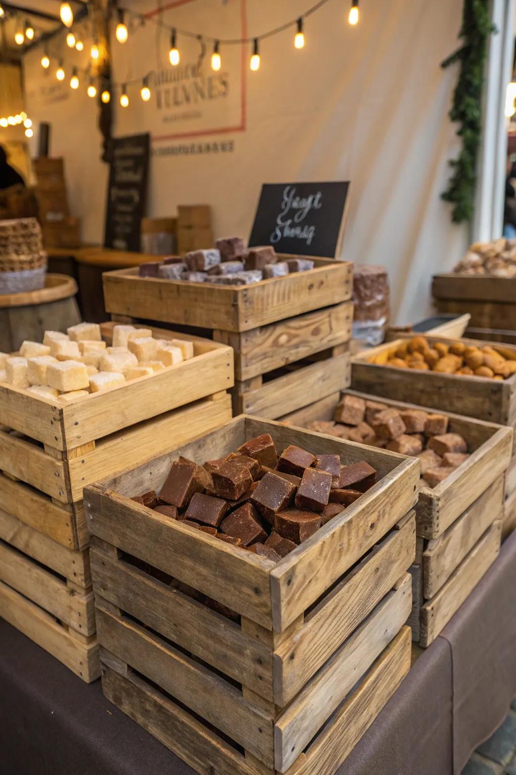 Natural wood containers filled with delightful creamy treats.