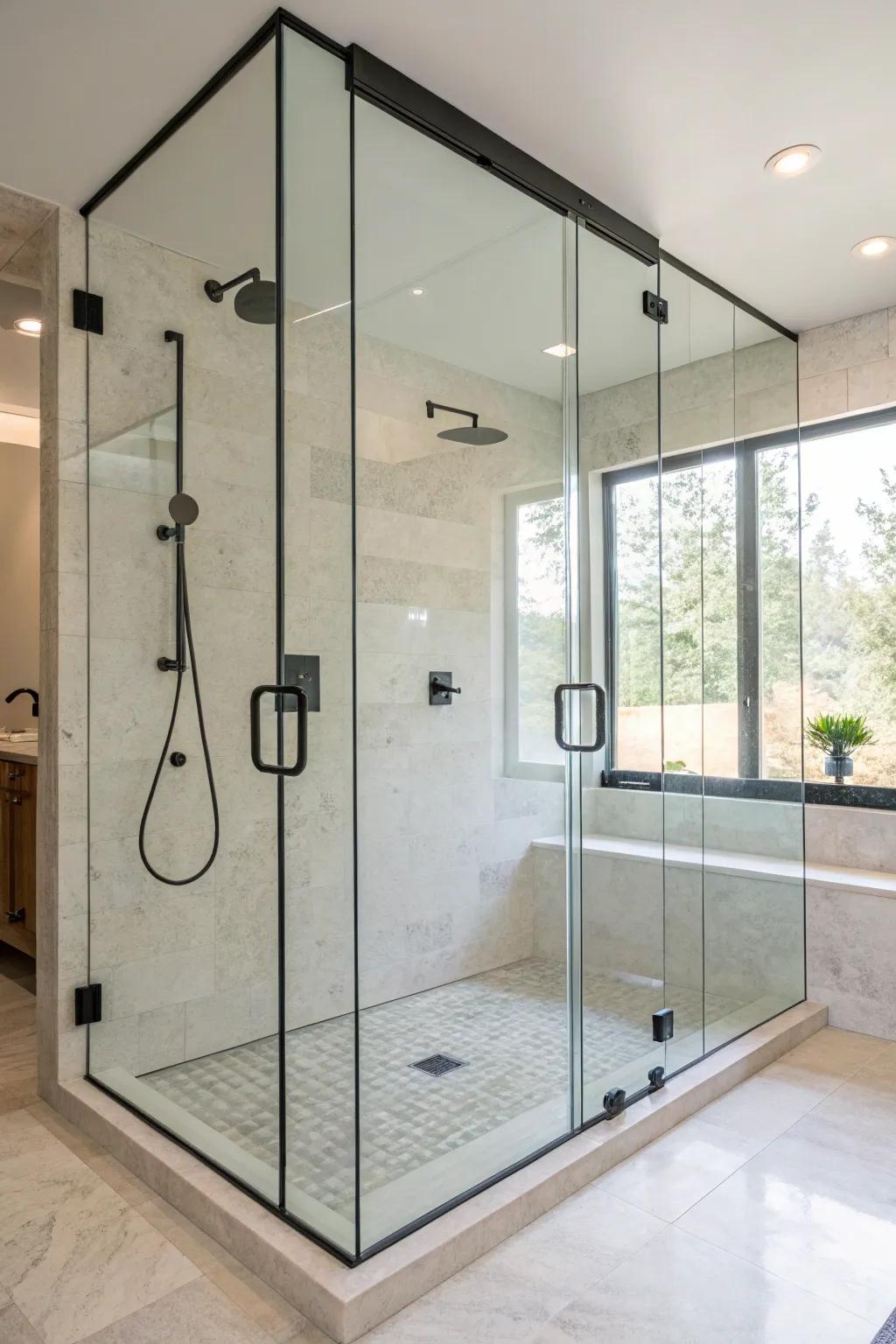 A contemporary walk-in shower introducing a hint of opulence and spaciousness.