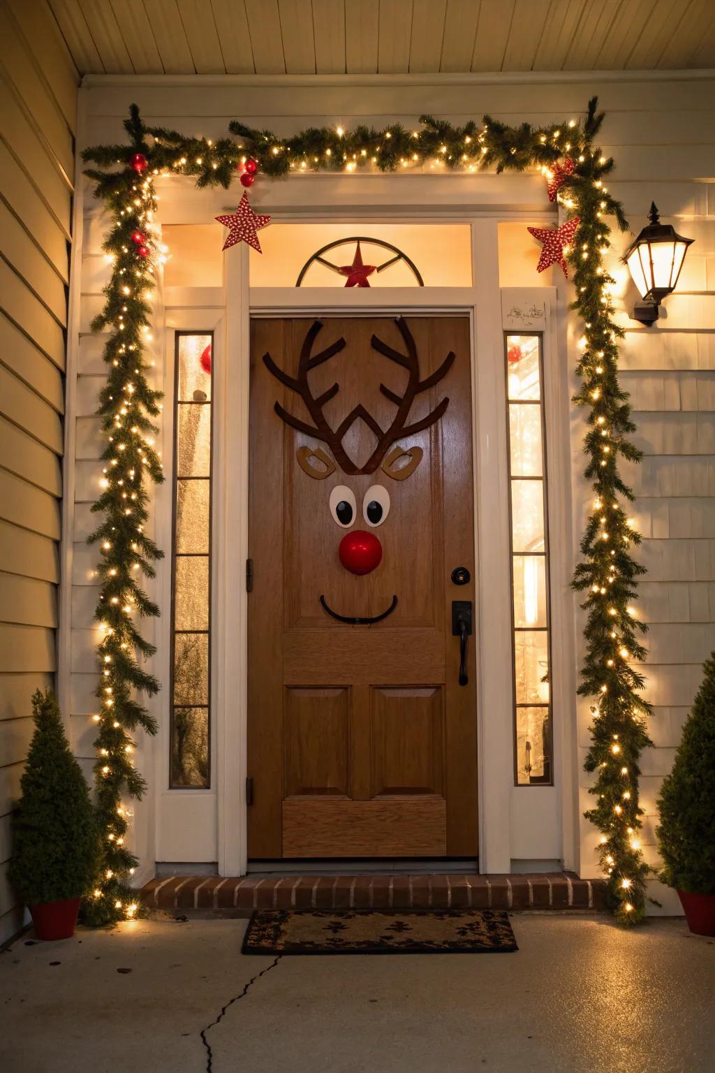 Rudolph's antlers and a scarlet nose yield a playful and welcoming Christmas door embellishment.