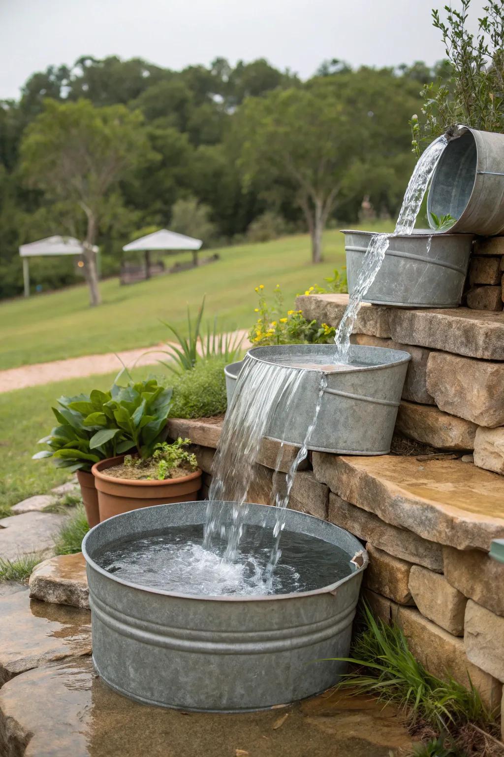 Water gently cascading through stacked basins forms a serene cascade.
