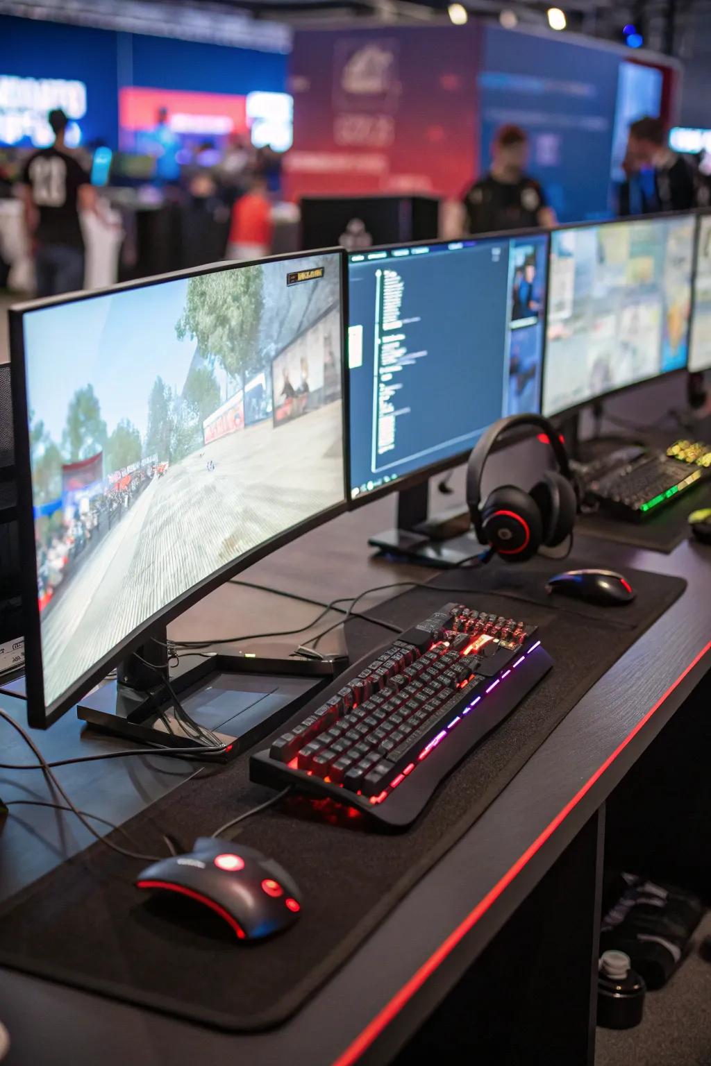 A triple monitor setup delivers a broad view and enhances efficiency.