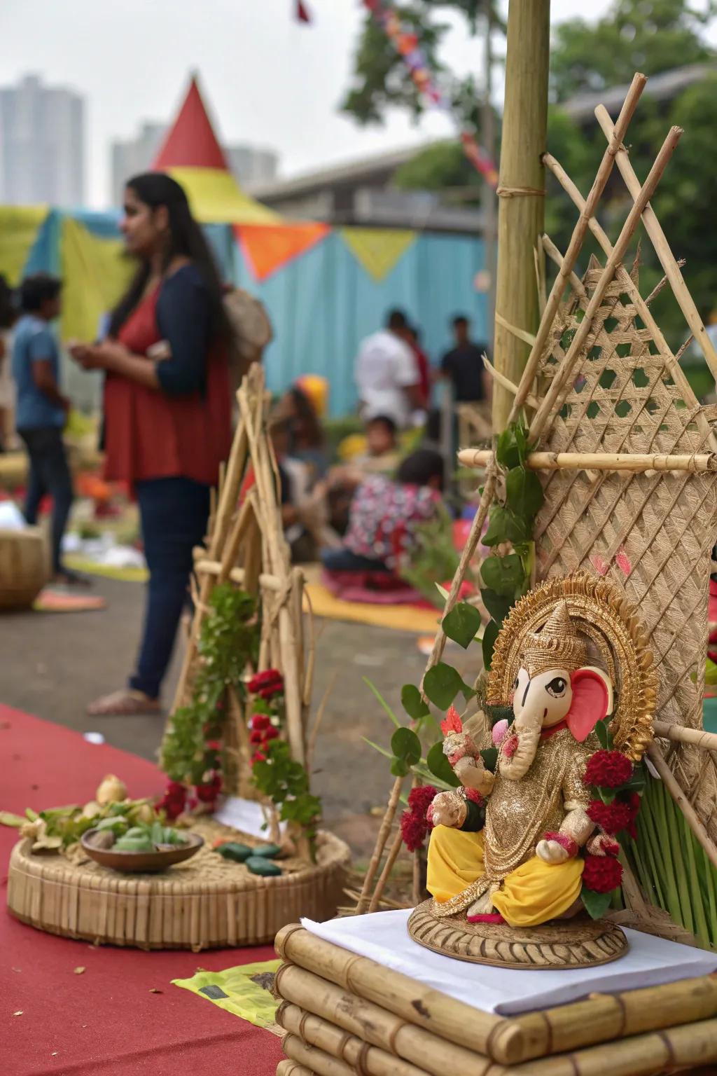 Environmentally friendly decorations incorporating bamboo and repurposed materials for a sustainable Ganesh Chaturthi observance.