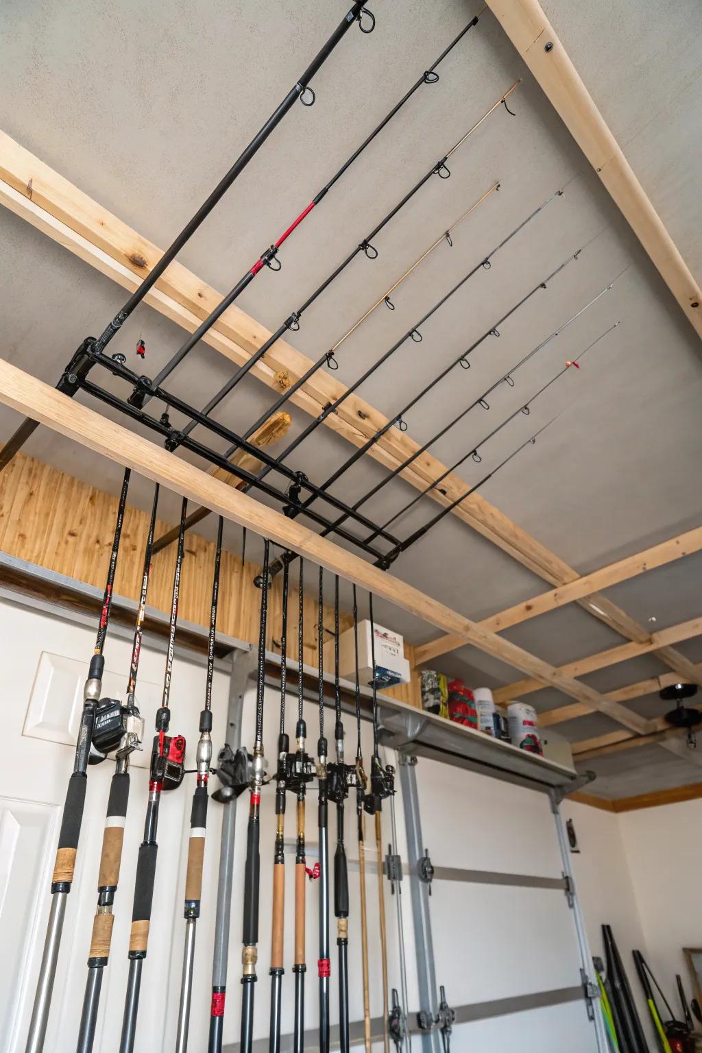 Rod holders that hang from the ceiling make the most of space while showing off your amazing fishing rods.