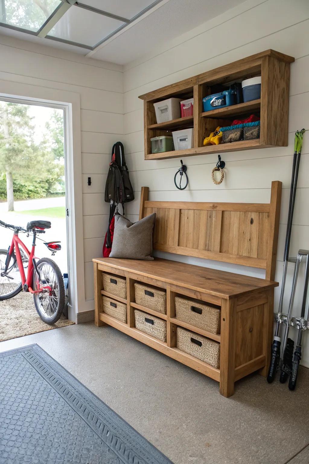 A comfortable seat with storage is ideal for concealing footwear.