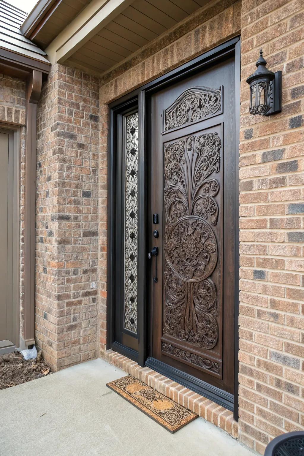 Detailed carvings add a distinctive and personal touch to this garage side entrance.