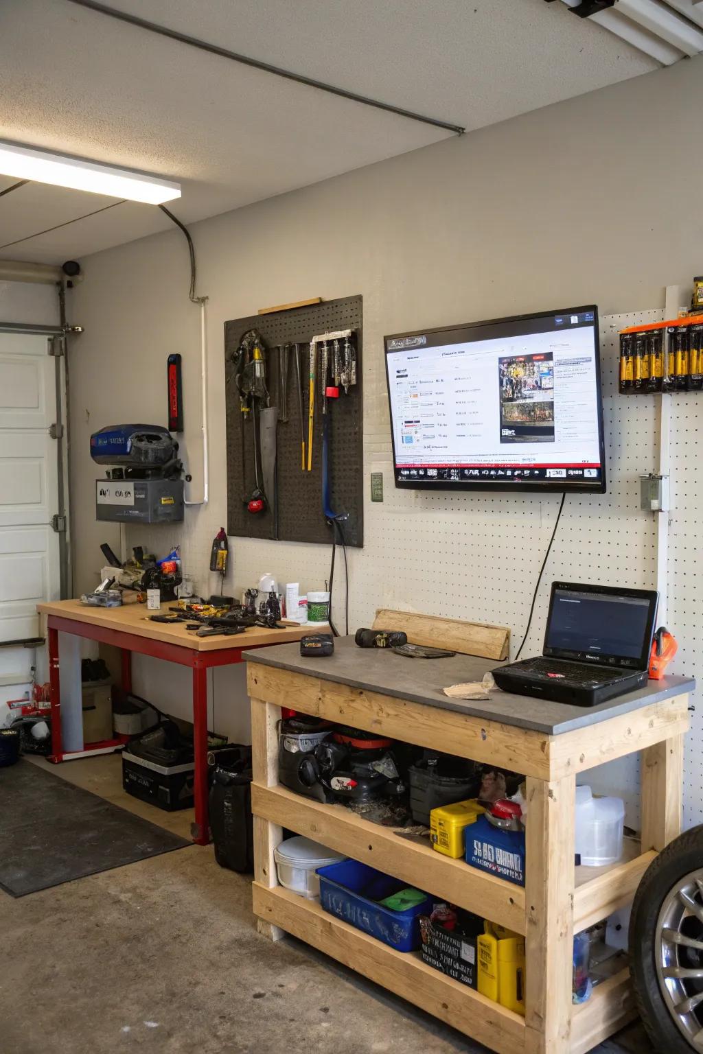 Merge work and leisure in your garage by incorporating a TV in your workshop space.