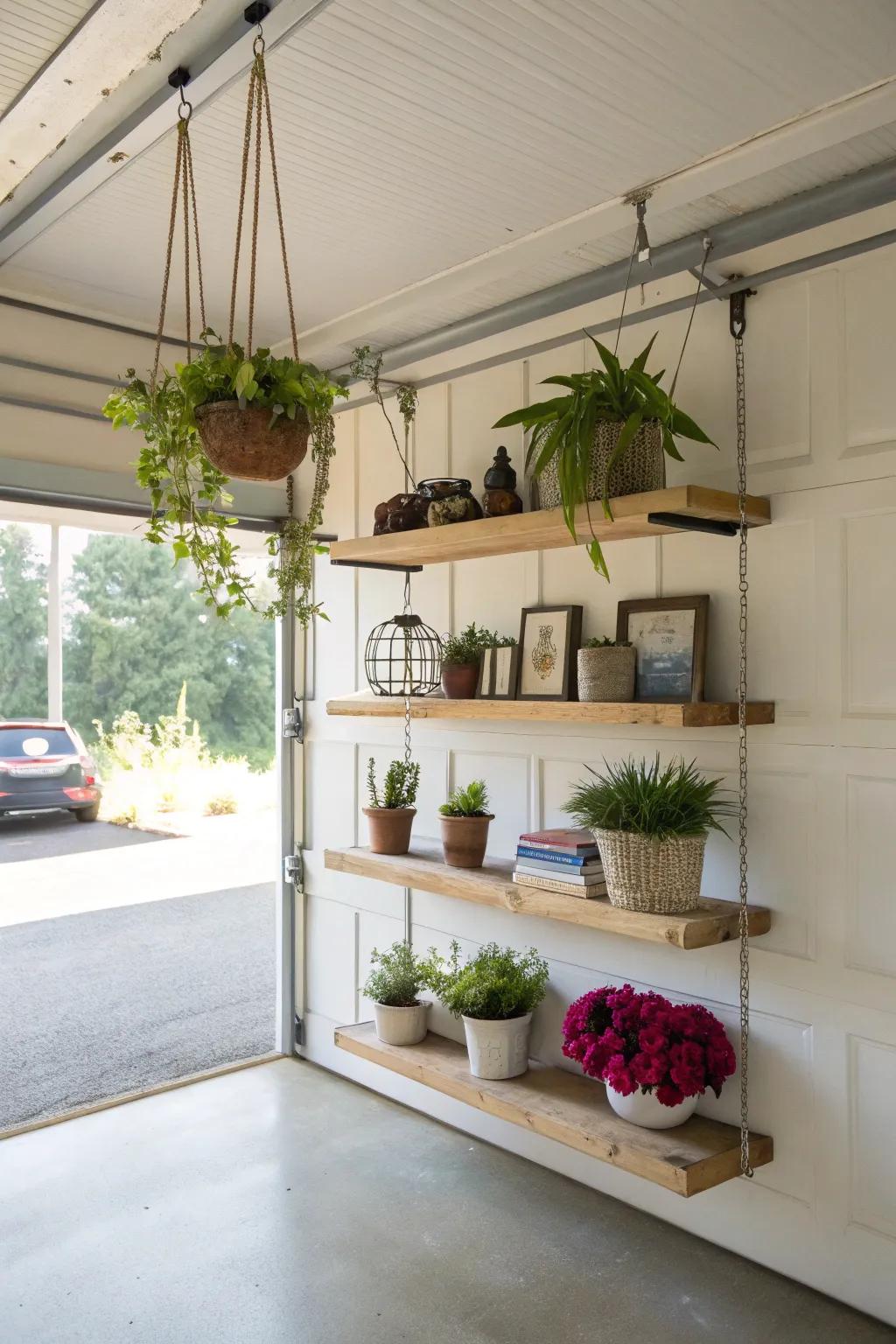 Floating shelves introduce both practicality and style to garage walls.