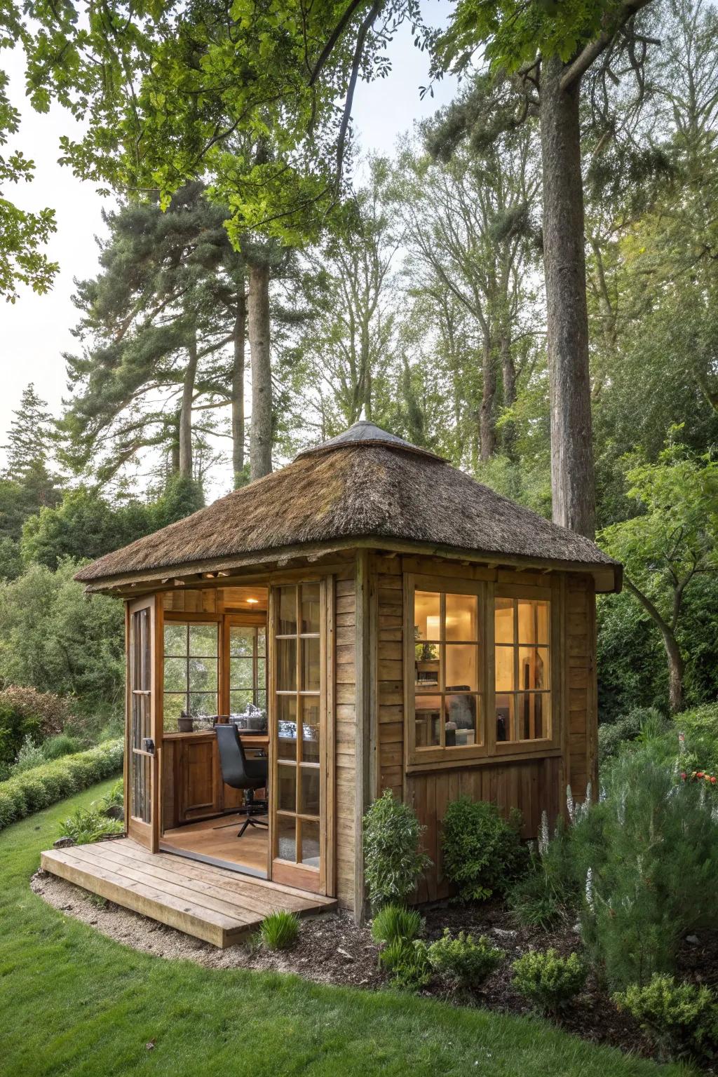 A warm timber hideaway in the garden, mixing smoothly with the natural scenery.