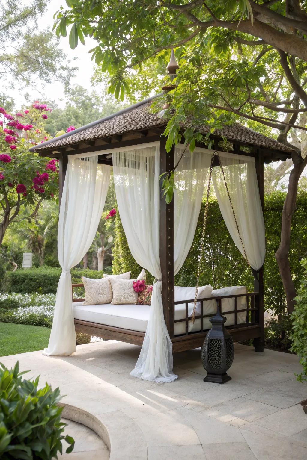 Suspended swing beds contribute a whimsical allure to your gazebo.