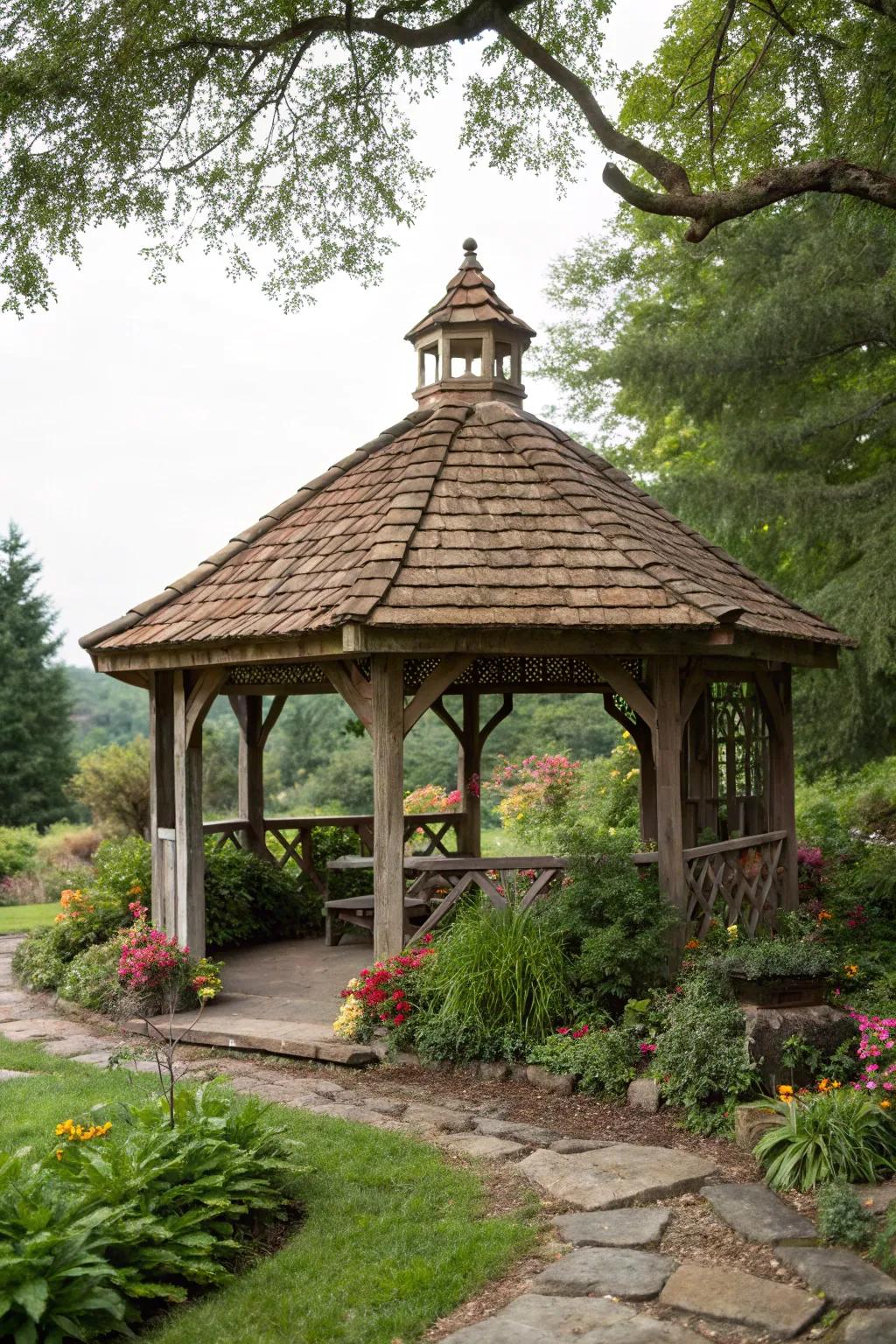A charming gazebo with a wooden shingle roof, nestled in nature.