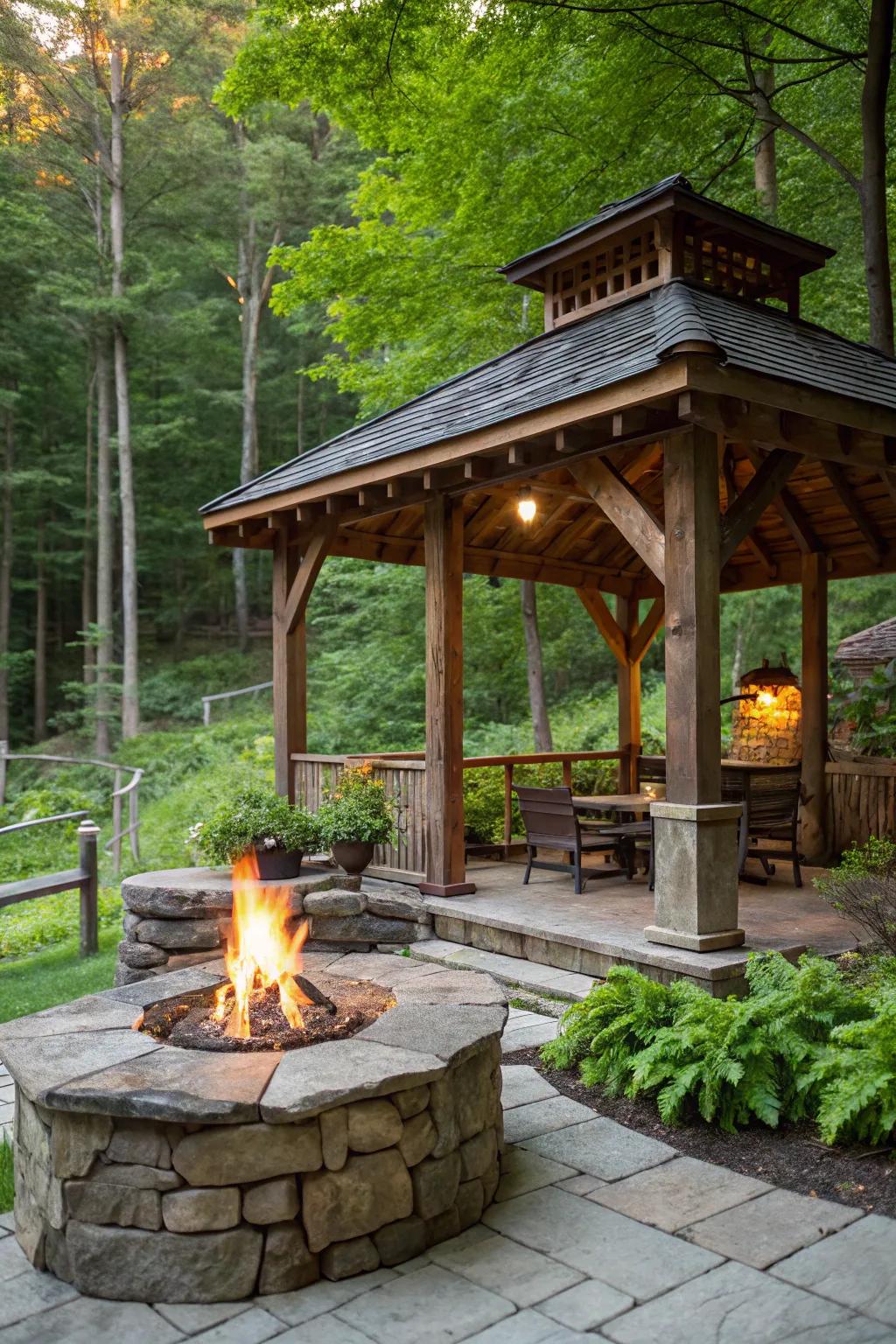 Rustic allure with a timber pergola and stone hearth.