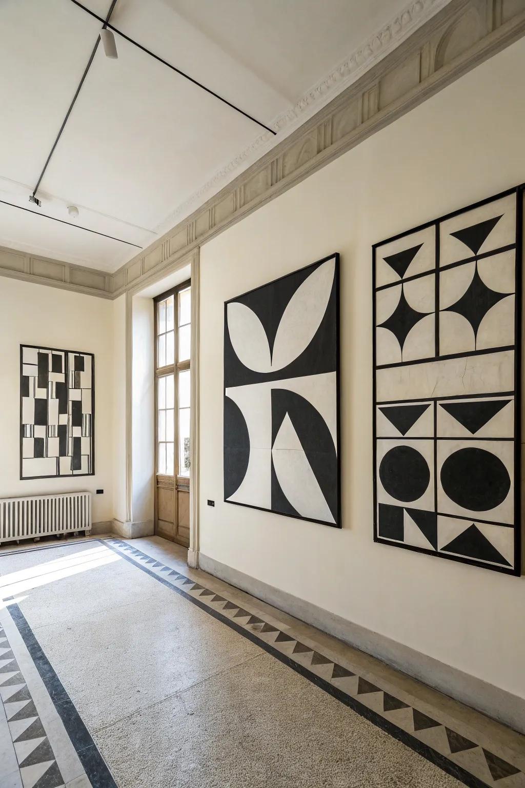 Monochrome geometric artwork enhances refinement and sophistication.