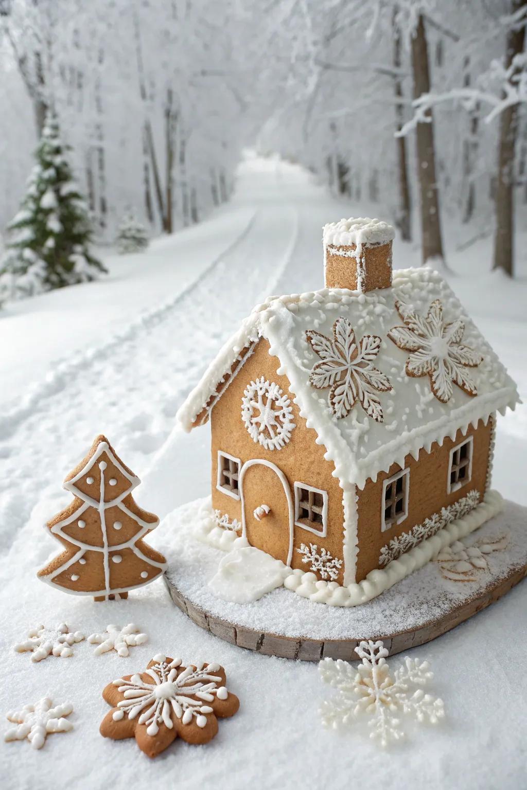 A snowy gingerbread house evoking an icy dreamscape.