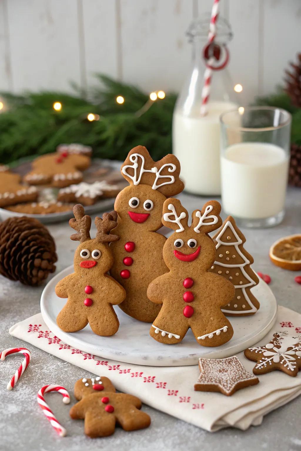 An endearing gingerbread family fashioned as reindeer.