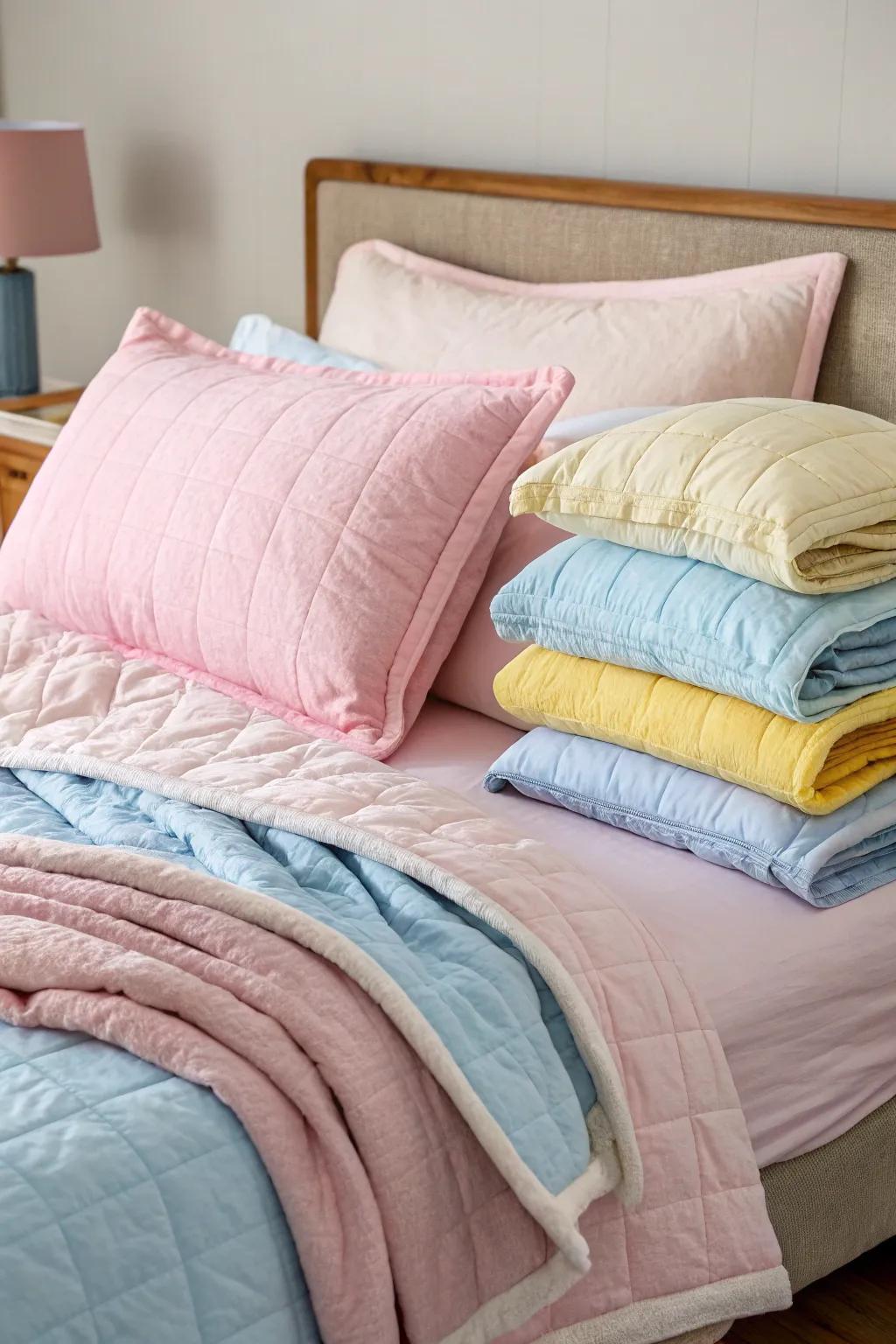 Layered bedding in soft hues for ultimate comfort.