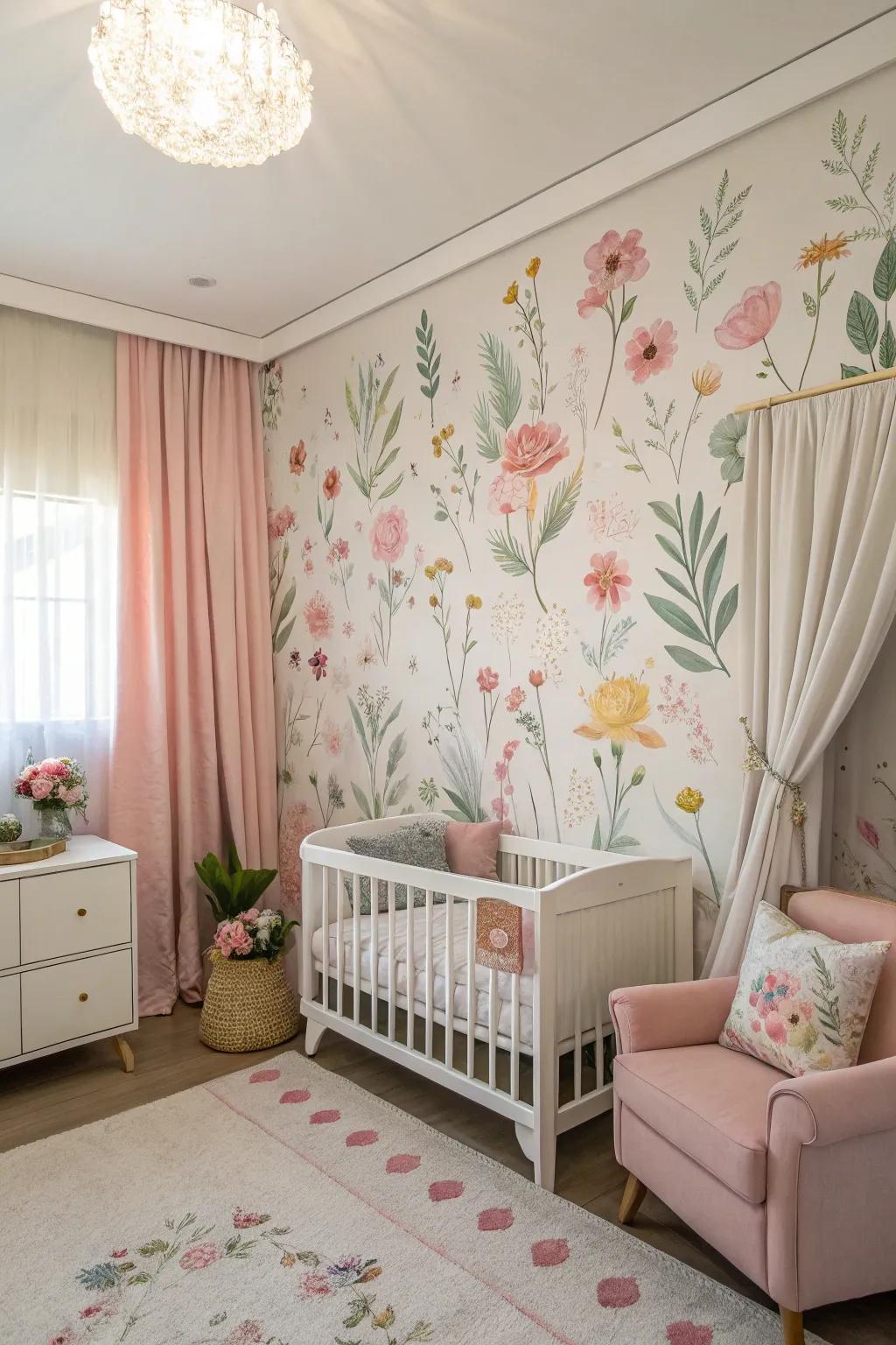 An enchanting floral design infuses charm into the nursery.