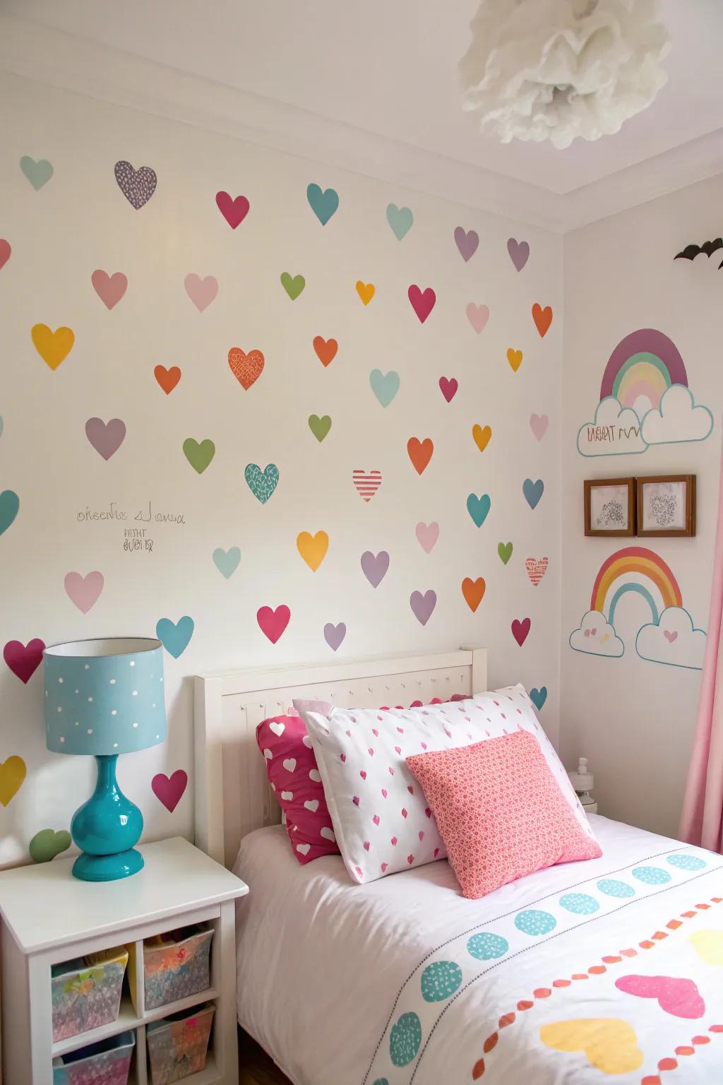 Playful cloud and heart art bring personality to the bedroom.