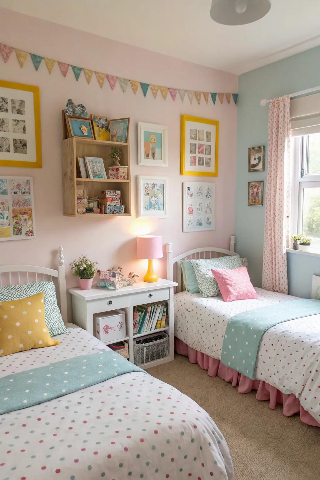 Subtle colors make a peaceful mood in a shared girls' space, ideal for sleep and play.