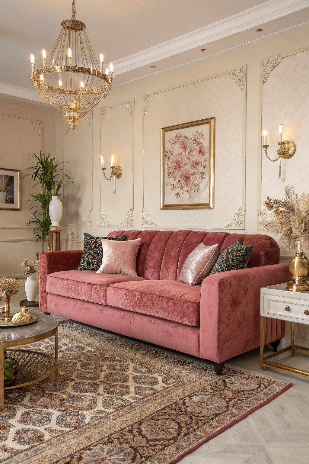 An opulent living space centered on rose velvet seating.