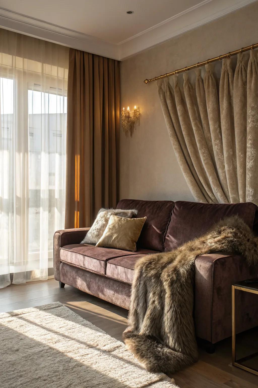 Plush textures heighten the glamour in a living area.